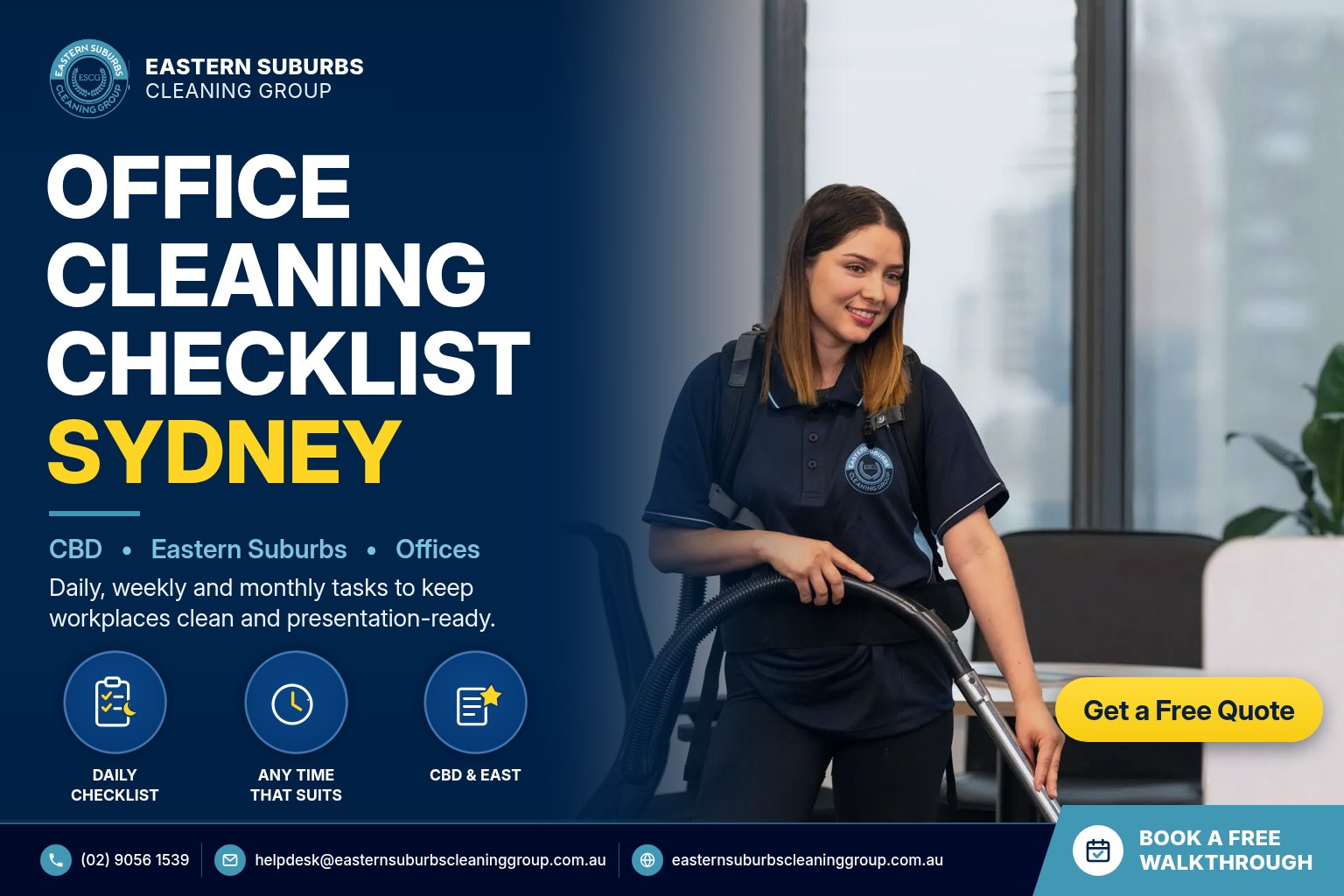 Office cleaning checklist Sydney – Eastern Suburbs Cleaning Group cleaner vacuuming a CBD office